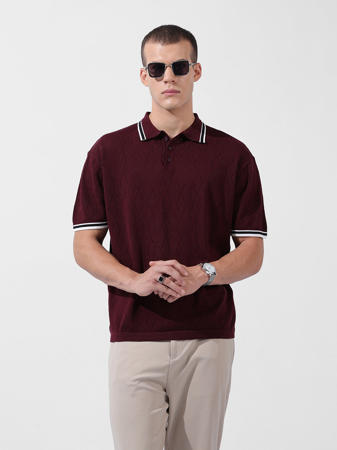 Men's Maroon Oversized Fit Textured Flat Knit Polo Collar T-Shirt
