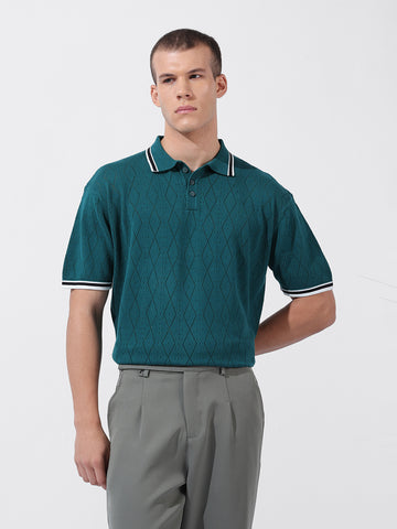 Men's Teal Oversized Fit Textured Flat Knit Polo Collar T-Shirt
