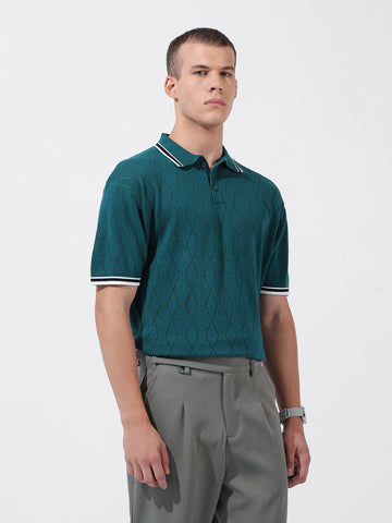 Men's Teal Oversized Fit Textured Flat Knit Polo Collar T-Shirt