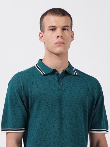 Men's Teal Oversized Fit Textured Flat Knit Polo Collar T-Shirt