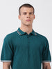 Men's Teal Oversized Fit Textured Flat Knit Polo Collar T-Shirt