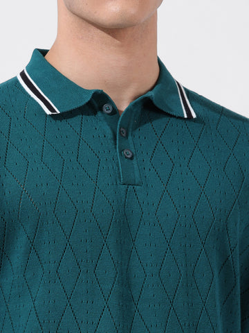 Men's Teal Oversized Fit Textured Flat Knit Polo Collar T-Shirt