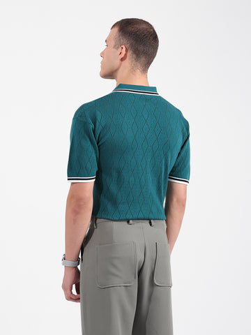 Men's Teal Oversized Fit Textured Flat Knit Polo Collar T-Shirt