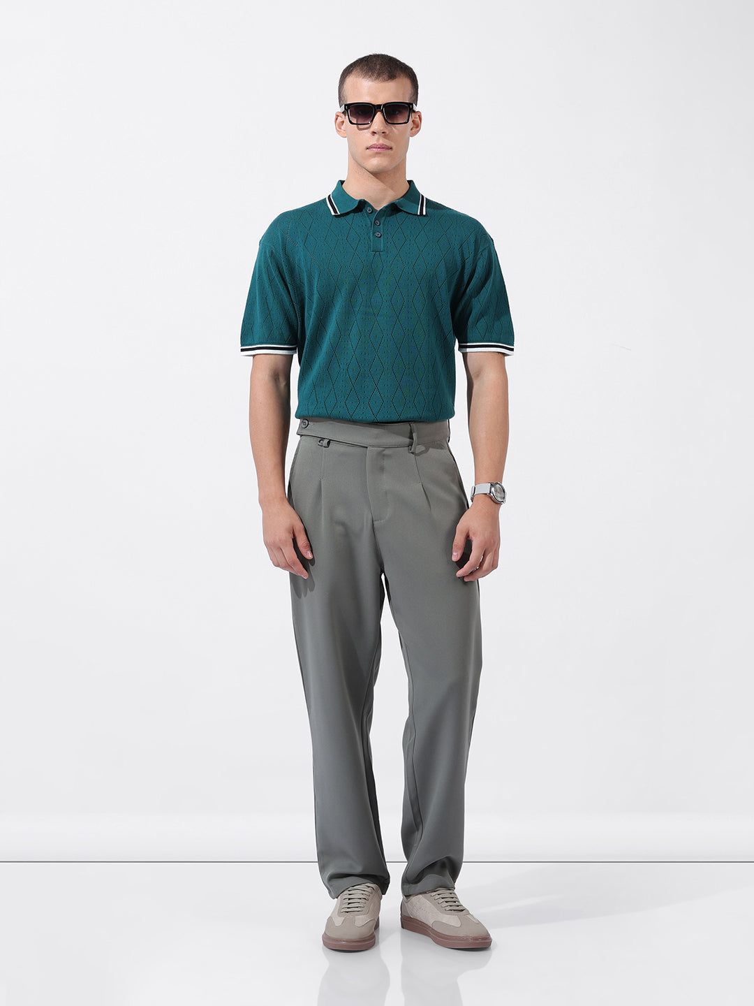 Men's Teal Oversized Fit Textured Flat Knit Polo Collar T-Shirt