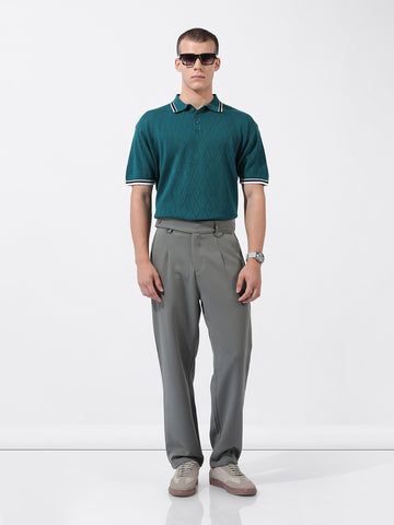 Men's Teal Oversized Fit Textured Flat Knit Polo Collar T-Shirt