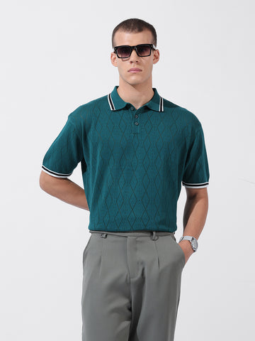 Men's Teal Oversized Fit Textured Flat Knit Polo Collar T-Shirt