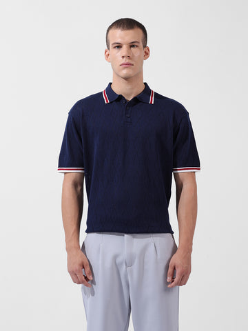 Men's Blue Oversized Fit Textured Flat Knit Polo Collar T-Shirt