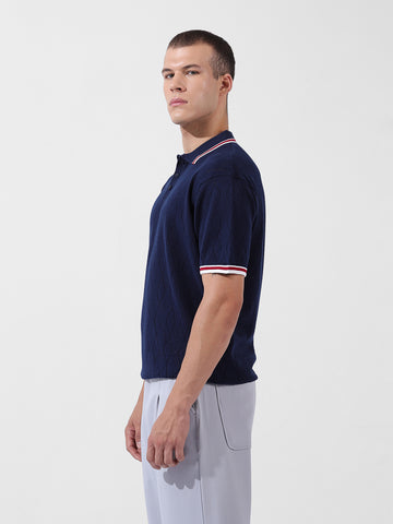 Men's Blue Oversized Fit Textured Flat Knit Polo Collar T-Shirt