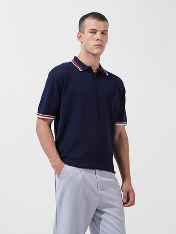 Men's Blue Oversized Fit Textured Flat Knit Polo Collar T-Shirt