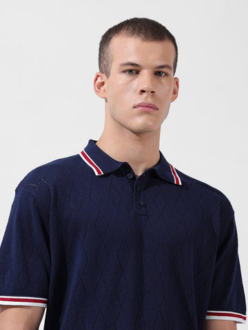Men's Blue Oversized Fit Textured Flat Knit Polo Collar T-Shirt