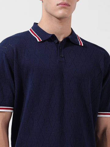 Men's Blue Oversized Fit Textured Flat Knit Polo Collar T-Shirt