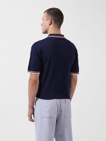 Men's Blue Oversized Fit Textured Flat Knit Polo Collar T-Shirt