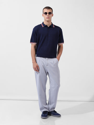 Men's Blue Oversized Fit Textured Flat Knit Polo Collar T-Shirt