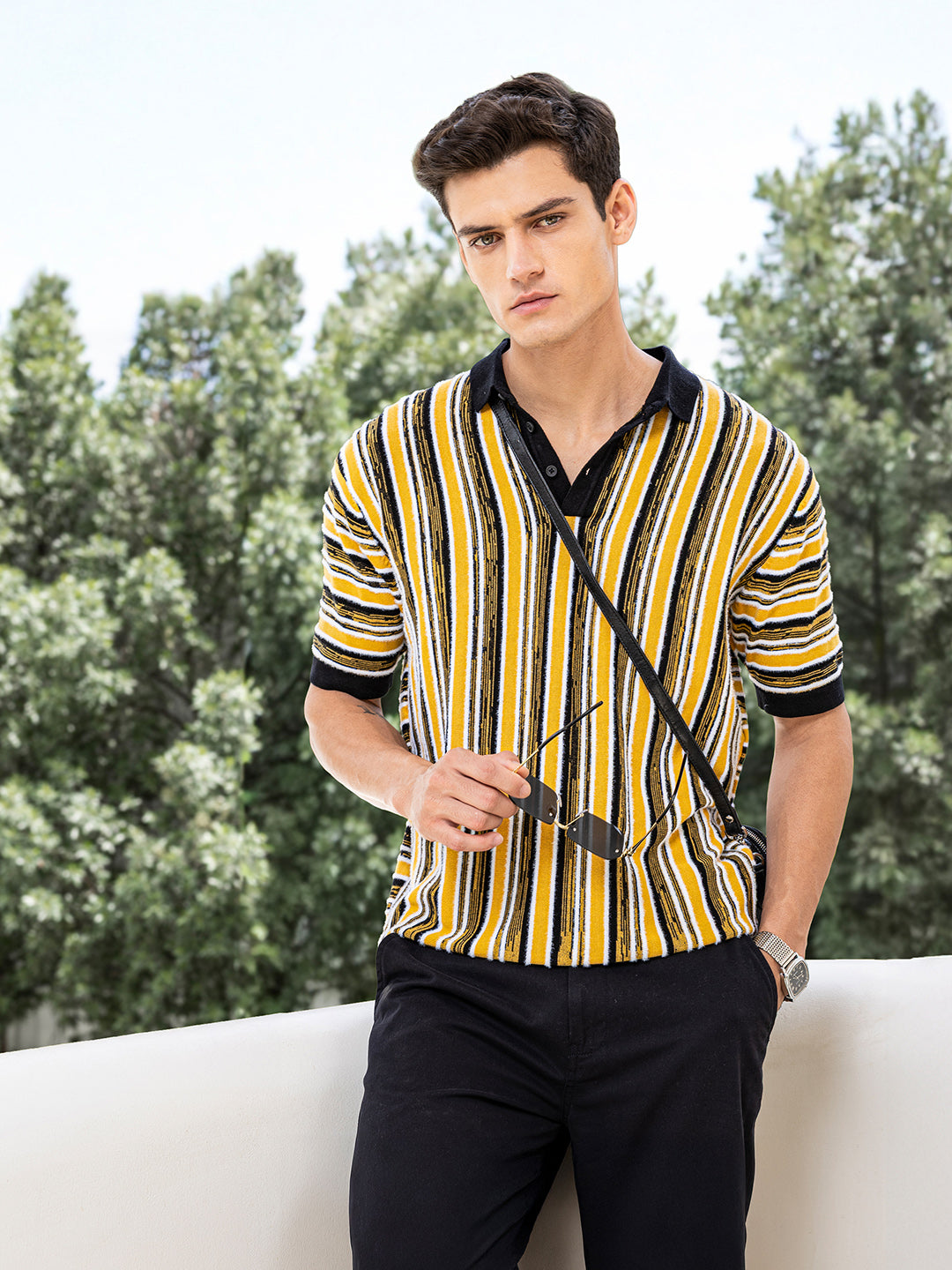 Men's Yellow Oversized Fit Textured Flat Knit Polo Collar T-Shirt