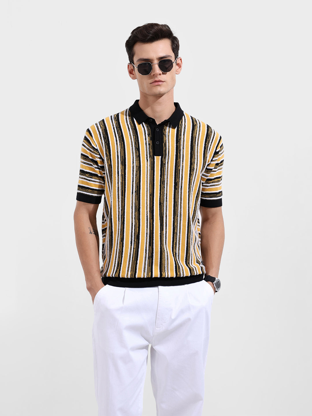 Men's Yellow Oversized Fit Textured Flat Knit Polo Collar T-Shirt