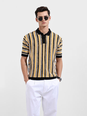 Men's Yellow Oversized Fit Textured Flat Knit Polo Collar T-Shirt