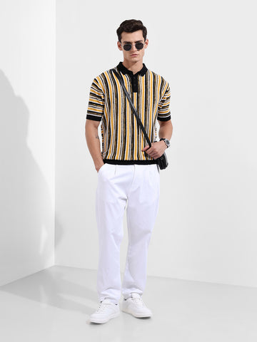 Men's Yellow Oversized Fit Textured Flat Knit Polo Collar T-Shirt