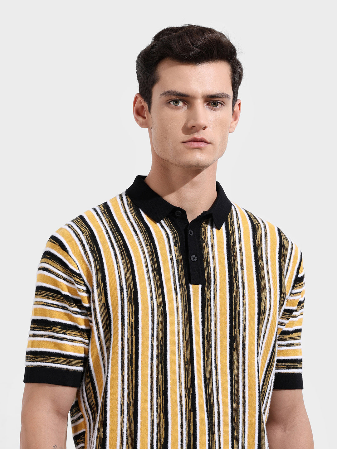 Men's Yellow Oversized Fit Textured Flat Knit Polo Collar T-Shirt