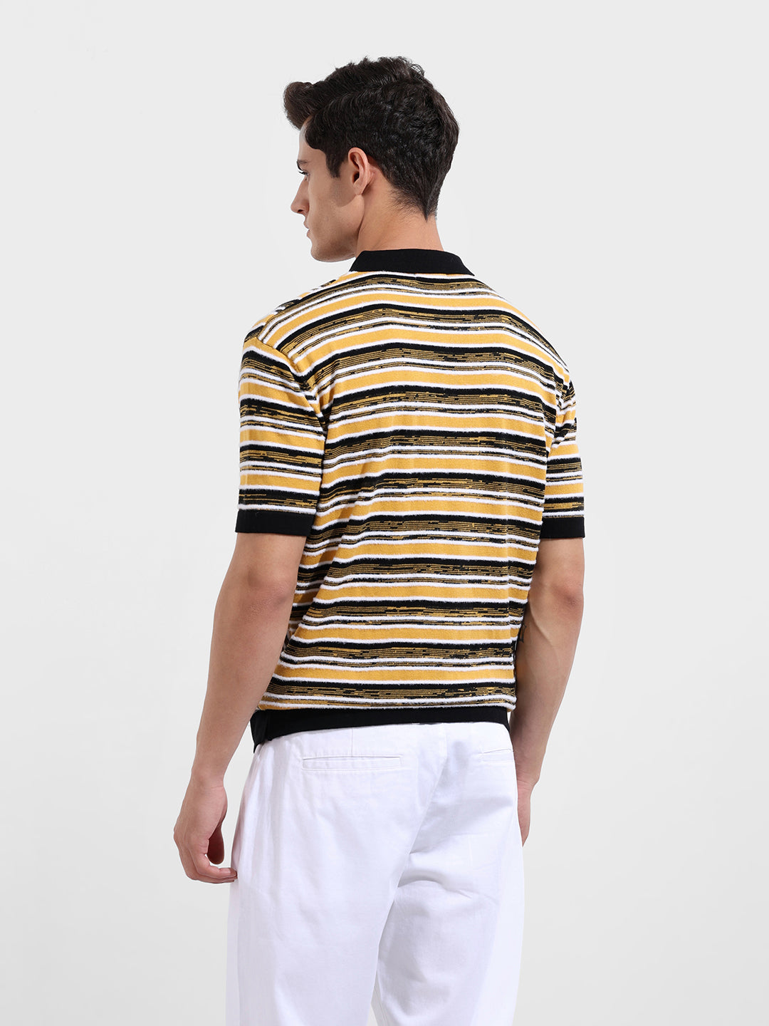 Men's Yellow Oversized Fit Textured Flat Knit Polo Collar T-Shirt