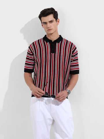 Men's Maroon Oversized Fit Textured Flat Knit Polo Collar T-Shirt