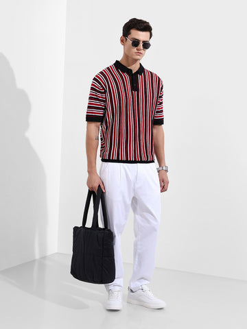 Men's Maroon Oversized Fit Textured Flat Knit Polo Collar T-Shirt