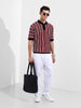 Men's Maroon Oversized Fit Textured Flat Knit Polo Collar T-Shirt