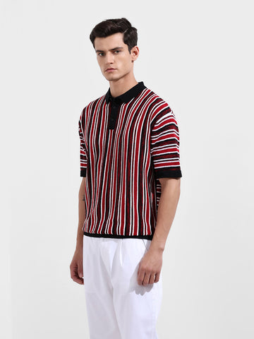 Men's Maroon Oversized Fit Textured Flat Knit Polo Collar T-Shirt