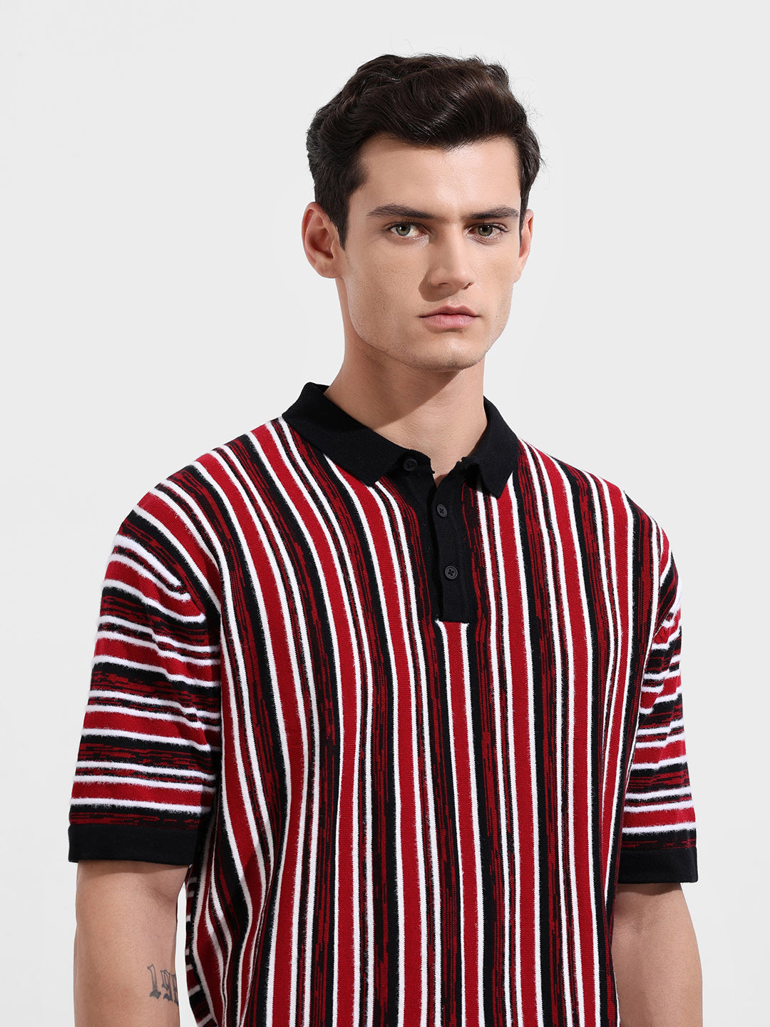 Men's Maroon Oversized Fit Textured Flat Knit Polo Collar T-Shirt