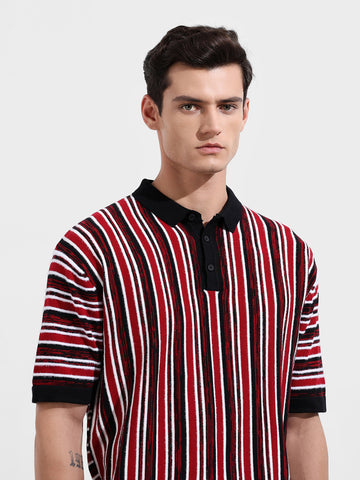 Men's Maroon Oversized Fit Textured Flat Knit Polo Collar T-Shirt