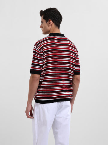 Men's Maroon Oversized Fit Textured Flat Knit Polo Collar T-Shirt