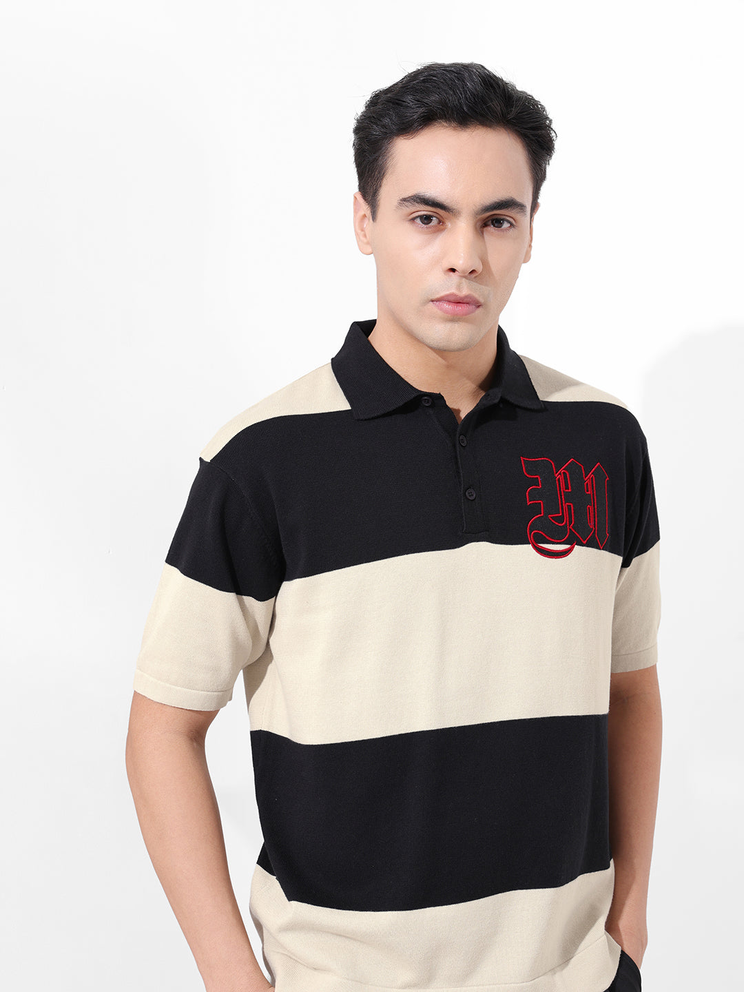 Men's Cream Oversized Fit Textured Flat Knit T-Shirt