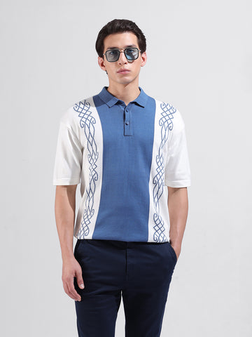 Men's White Oversized Fit Textured Flat Knit Polo Collar T-Shirt