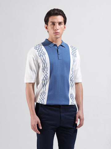 Men's White Oversized Fit Textured Flat Knit Polo Collar T-Shirt