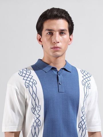 Men's White Oversized Fit Textured Flat Knit Polo Collar T-Shirt