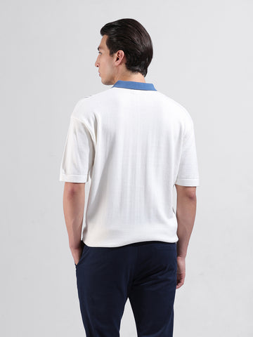 Men's White Oversized Fit Textured Flat Knit Polo Collar T-Shirt