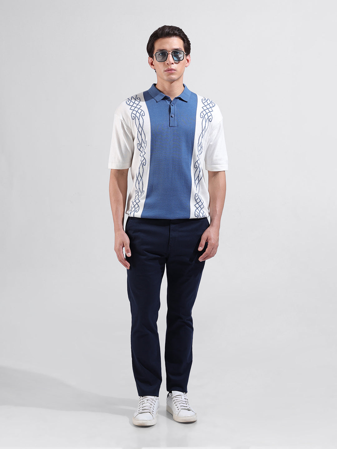 Men's White Oversized Fit Textured Flat Knit Polo Collar T-Shirt