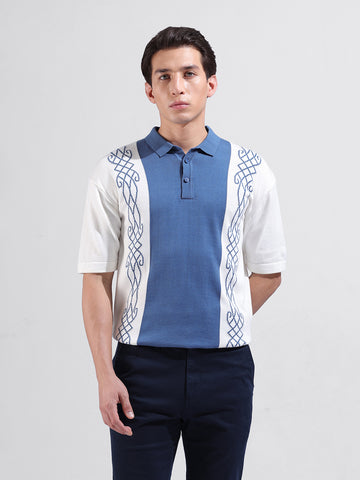 Men's White Oversized Fit Textured Flat Knit Polo Collar T-Shirt