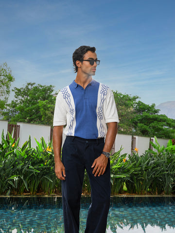 Men's White Oversized Fit Textured Flat Knit Polo Collar T-Shirt