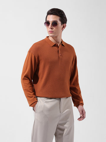 Men's Rust Oversized Fit Textured Flat Knit Polo Collar T-Shirt