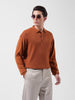 Men's Rust Oversized Fit Textured Flat Knit Polo Collar T-Shirt