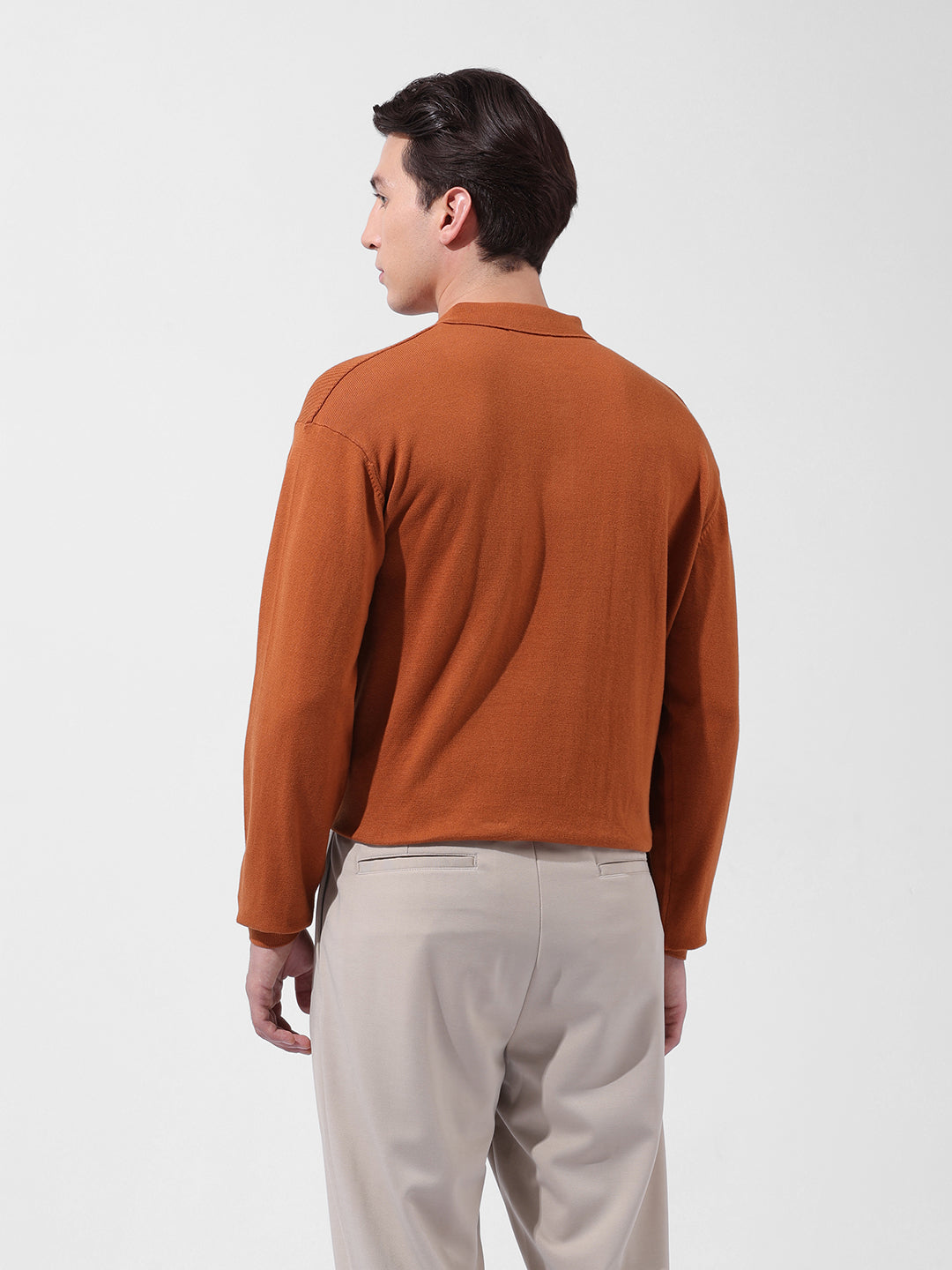 Men's Rust Oversized Fit Textured Flat Knit Polo Collar T-Shirt