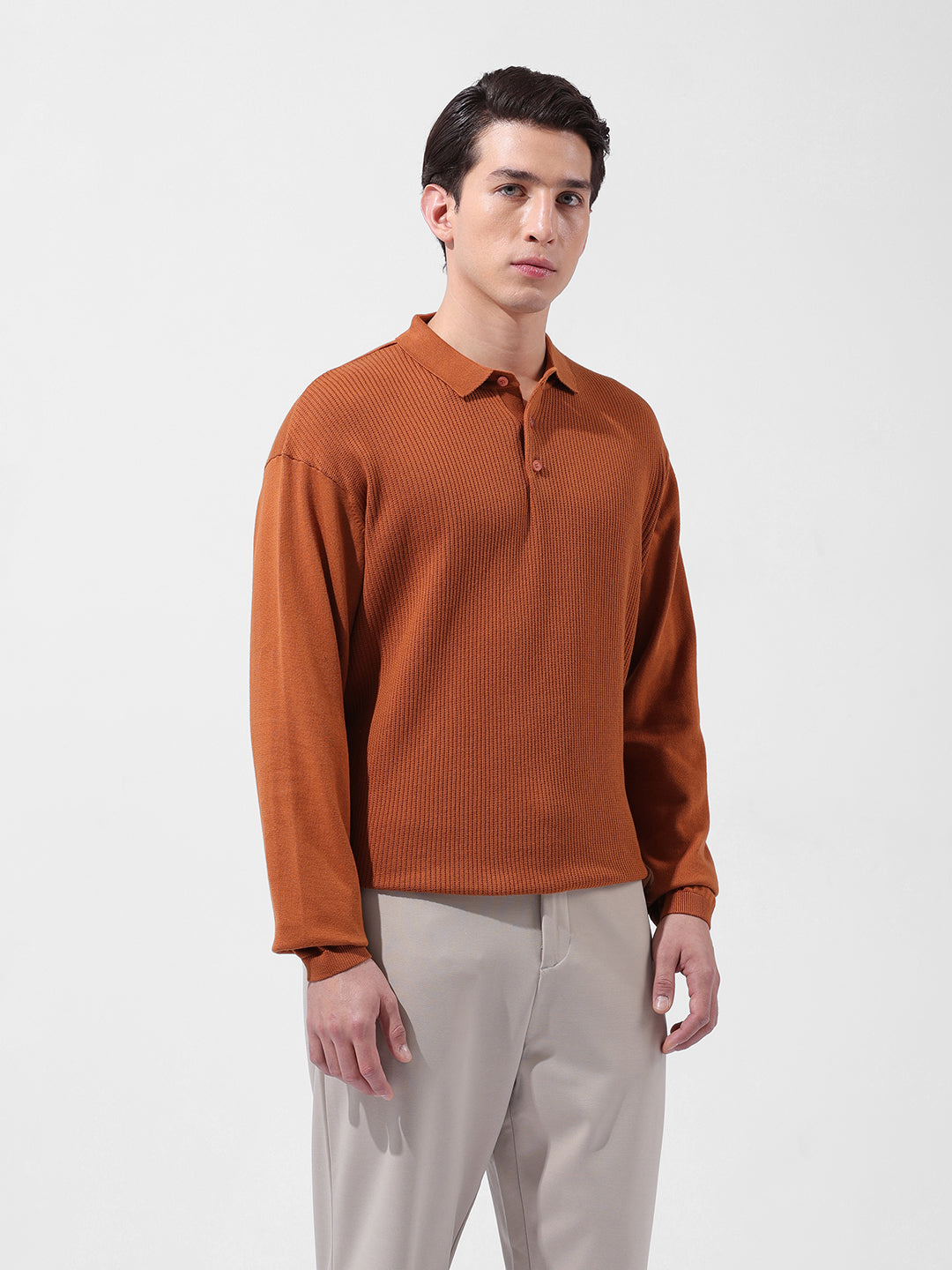 Men's Rust Oversized Fit Textured Flat Knit Polo Collar T-Shirt