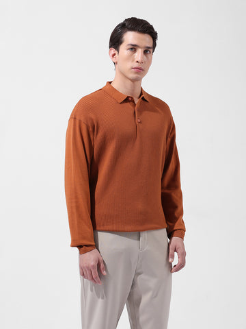Men's Rust Oversized Fit Textured Flat Knit Polo Collar T-Shirt