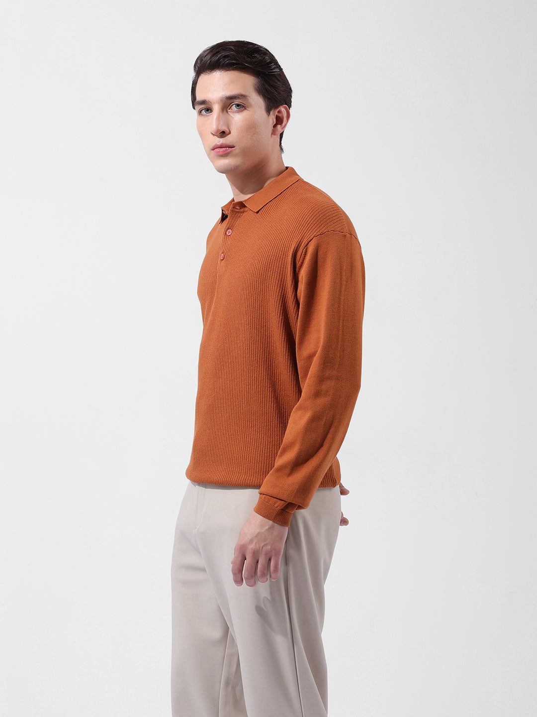 Men's Rust Oversized Fit Textured Flat Knit Polo Collar T-Shirt
