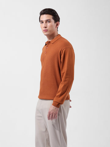 Men's Rust Oversized Fit Textured Flat Knit Polo Collar T-Shirt
