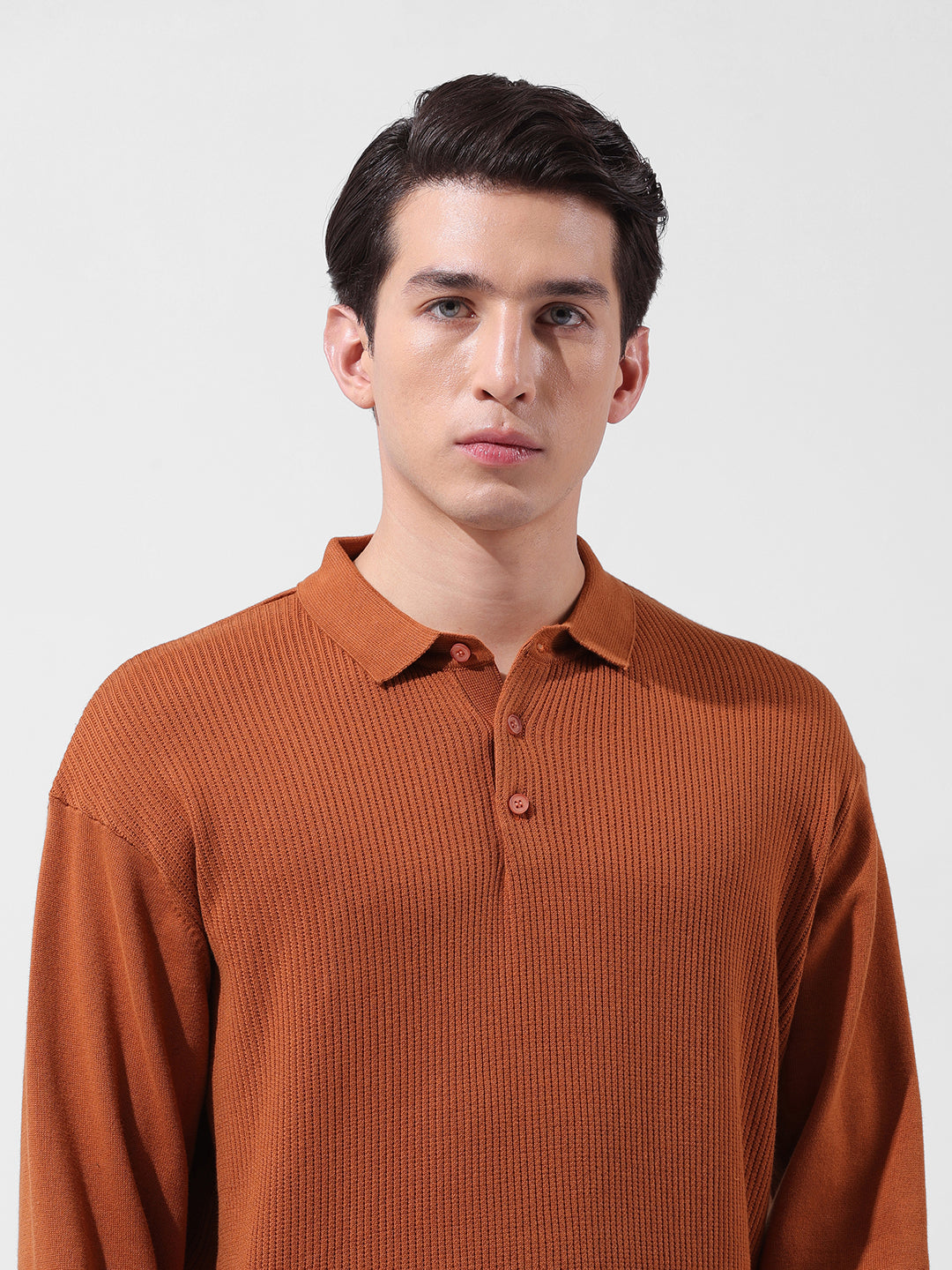 Men's Rust Oversized Fit Textured Flat Knit Polo Collar T-Shirt