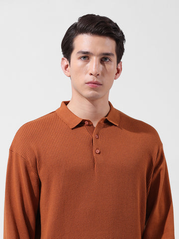 Men's Rust Oversized Fit Textured Flat Knit Polo Collar T-Shirt