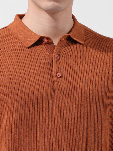 Men's Rust Oversized Fit Textured Flat Knit Polo Collar T-Shirt