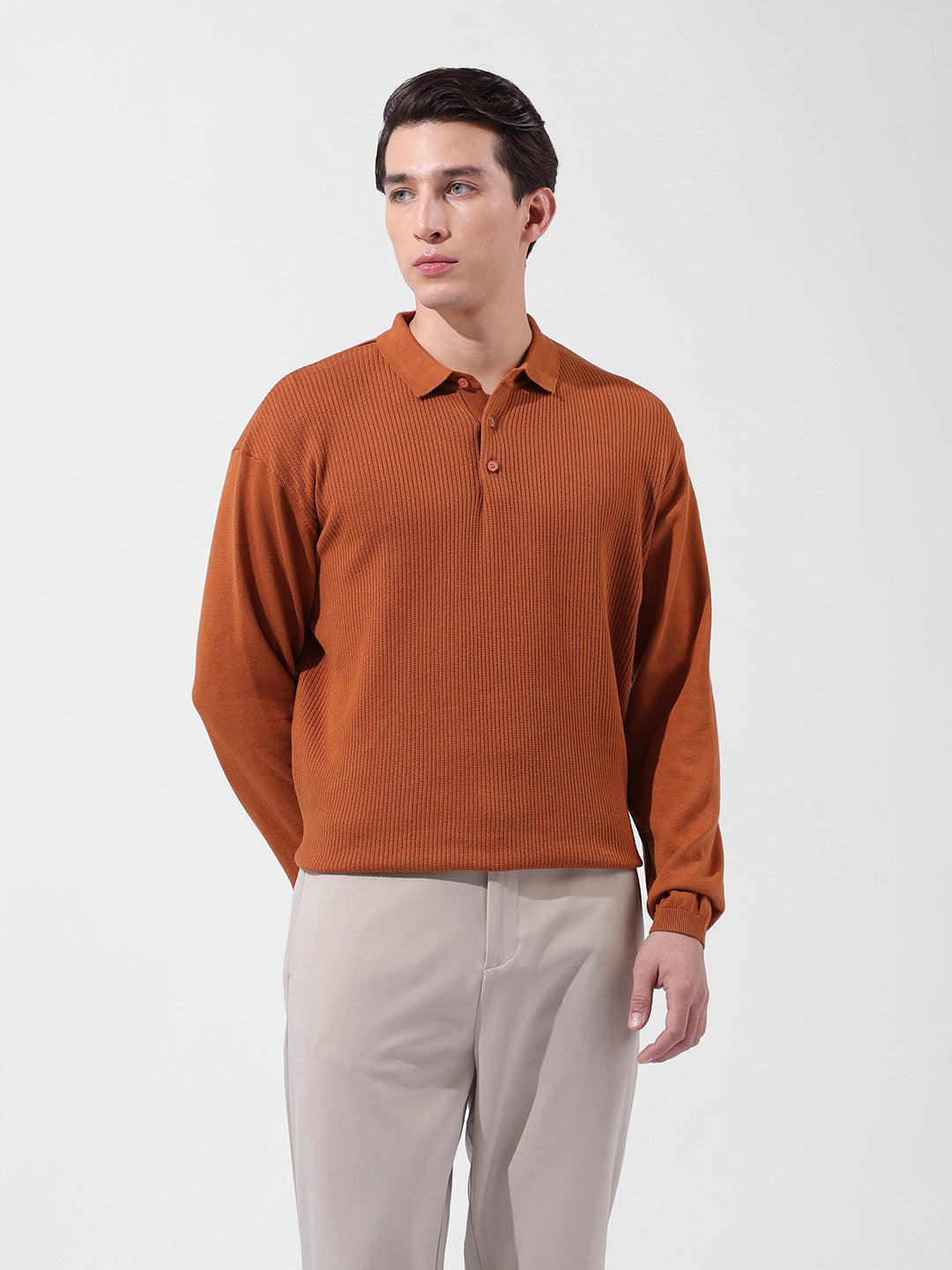 Men's Rust Oversized Fit Textured Flat Knit Polo Collar T-Shirt