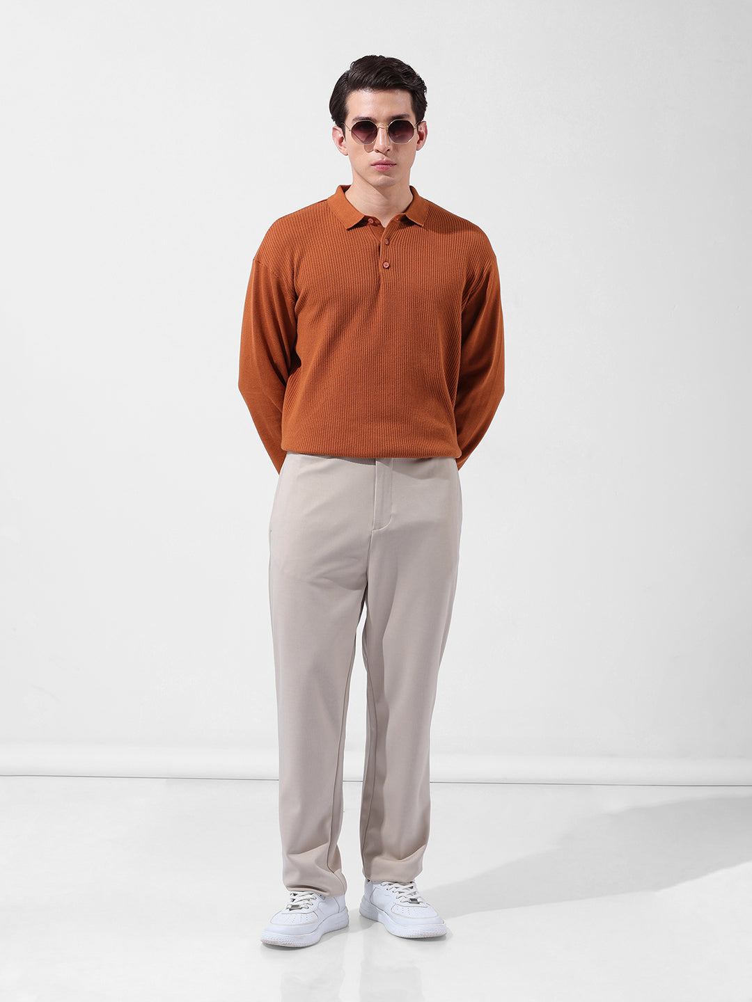 Men's Rust Oversized Fit Textured Flat Knit Polo Collar T-Shirt